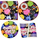 Paintball Party Supplies Disposable Tableware Set 24 9" Paper Plates 24 7" Plate 24 9 Oz Cup 50 Lunch Napkin for Paint Ball Gun Shooting Splatter Bomb Buster Splash Rainbow Color Theme Birthday Decor