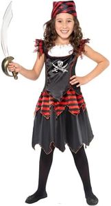 Smiffys Costume da ragazza pirata con teschio e ossa incrociat, con vestito e foulard