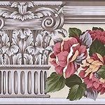 Concord Wallcoverings Wallpaper Border Vintage Pattern Flowers Ancient Columns for Bedroom Living Room, Gray Red Yellow Green, 15 Feet by 9 Inches AB523B