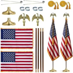 FRF FLAG 2 PCS Presidential Deluxe Indoor American Flag Pole Set - 8 FT Solid Oak Wood Flagpole with Gold Fringed 3x5 US Flag, Metal Eagle Topper, Heavy Duty Stand & Cord Tassel - for Office, School
