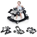 COSTWAY 4-in-1 Baby Walker, Foldable Push Along Walkers with Adjustable Height & Speed, Music, Lights, Steering Wheel, Toddler First Steps Early Development Toy, Ages 6-18 Months (Grey)