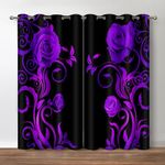 Jekeno Rose Flower Blackout Curtains Black Purple Roses Pattern Print Privacy Drapes Decorations Home Bedroom Dorm Apartment Living Room Darkening Grommet Window Treatments 2 Panels Set,52x84 Inch