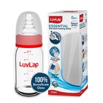 LuvLap Essential Slim Neck Glass Feeding Bottle, 125ml, 0m+/Babies Upto 3 Years, Made of Borosilicate Glass, BPA Free, Ergonomic Shape is Easy to Hold, with Anti Colic Nipple, White & Red, Pack of 1