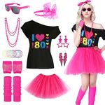 Forfamy 80s Outfit Costume Accessories Women Party T-Shirt Tutu Headband Earring Necklace Fishnet Gloves Legwarmer (Rose, S)