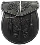 Kilt Sporran Latch PIN, Celtic Embossed Flap, Black Leather with Chain Belt STRZ-014