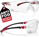 NoCry Safety Glasses with Clear Anti Fog Scratch Resistant Wrap-Around Lenses and No-Slip Grips, UV Protection. Adjustable, Black & Red Frames (10 pack)
