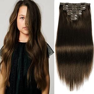 14" Clip in Human Hair Extensions Full Head 110g 7 Pieces 16 Clips Chocolate Brown Double Weft Brazilian Real Remy Hair Extensions Thick Straight Silky (14",110g 4#)