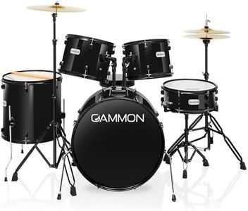 Gammon Percussion Full Size Complete Adult 5-Piece Drum Set with Cymbals, Stands, Stool, and Sticks - Black