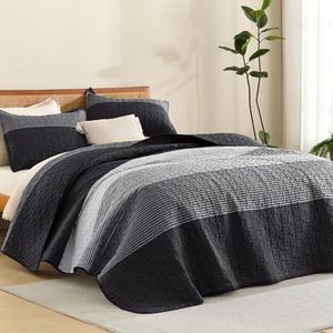 Litanika Quilt King Size Grey and Black and White, Gray Stripe Patchwork Summer Bedspread Coverlet 3 Pieces, Soft Lightweight Microfiber Quilted Bedding Set for All Season(1 Quilt, 2 Pillowcases)