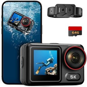 5K30FPS Waterproof Action Camera with 64GB Card, IPX7 & 34FT Underwater Cameras, EIS 2.0 Stabilization, 2.4" Touch Screen, 2x1350mAh Batteries for Diving, Cycling, Outdoor Sports (Black)
