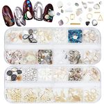 NICENEEDED 2 Boxes Nail Art Seashell Kit, 3D Irregular Nail Shell Abalone Slices Nail Decorations Kit, Colorful Nail Flakes Small Gravel with Rhinestones Studs for Manicure Design