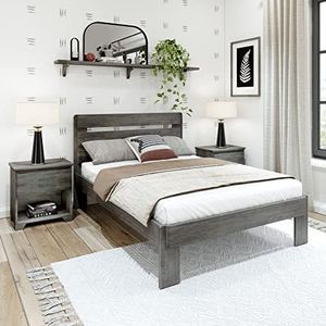 Plank+Beam Rustic Wood Full Bed Frame, Platform Bed with Headboard, Slatted, Driftwood