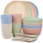 Shopwithgreen 20 pc Wheat Straw Dinnerware Set Service for 4, Reusable Plastic Plates and Bowls Set Include Cups, Forks, Spoons, Unbreakable Lightweight Microwave & Dishwasher Safe（Blush Colour）