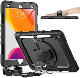 Timecity Case for iPad 9th/ 8th/ 7th Generation 10.2 inch - Heavy Duty Protective Cover with Screen Protector, Rotating Stand, Shoulder Strap & Pencil Holder | Kids-Friendly (Black)