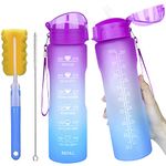 32oz Leakproof Water Bottle with Time Marker & Straw lid to Ensure You Drink Enough Water Throughout The Day for Fitness and Outdoor Enthusiasts, BPA Free, with Straw Brush (Ombre Purple Blue)