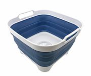 SAMMART 10L (2.64 Gallon) Collapsible Dishpan with Draining Plug - Foldable Washing Basin - Portable Dish Washing Tub - Space Saving Kitchen Storage Tray (White/Metalic Blue)