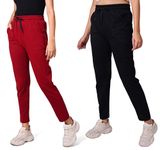 HSR Pack of 2 Women Cotton Casual Style Pyjamas With Side Pockets || Women Pyjama || Women Lower || Lounge Pants (Black | Maroon, L)