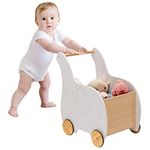 GYMAX Wooden Baby Learning Walker, 2-in-1 Stand Baby Walker with Large Toy Storage Chest and 4 Wheels, Push Along Toy for Infant Toddler (White)