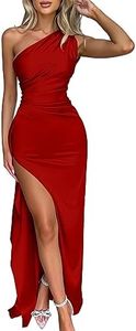 Memoriesea Women's Sexy One Shoulder Satin High Split Cocktail Wedding Party Maxi Dress, Red, Large