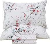 QSH Floral King Size Sheet Sets - 100% Egyptian Cotton Floral Bedding Sheets Botanical Bird Printed Bedding King Size Bed Sheets 17.5" Extra Deep Pocket 4pcs