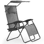 Safstar Zero Gravity Chair with Shade Canopy, Reclining Lounge Chair with Adjustable Canopy Removable Headrest, Cup Holder, Folding Zero Gravity Lawn Chair for Patio Poolside, Assembly-Free, Gray