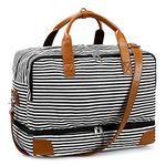 S-ZONE Canvas Travel Bag Weekend 45L Large Capacity Stripe Overnight Duffle Bag Carry on with Shoe Compartment Shoulder Tote Bag