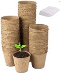 LATERN 100Pcs 8cm Biodegradable Fibre Seed Pots for Seedling and Transplanting with 100Pcs Plastic Plant labels (White 5x1cm)