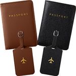 Weewooday 2 Pieces Passport Covers and 2 Pieces Luggage Tags, Passport Holder Travel Suitcase Tag (Brown, Black)