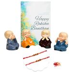 To The Nines Elegant Rakhi & Gift Set for Brother [Gift Combo - Rakhi With Cute Polynesin Buddha Statue Set of 4, Tilak Material & Greeting Card]