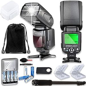 TTL Speed Light Flash for Canon DSLR Cameras EOS Rebel T3, T4, T6, T1i, T2i, T3i, T4i, T5i, T6i, T7i + Monopod + 4 AA Rechargeable Batteries & Charger + 2X Battery Case + Accessory Bundle