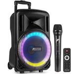 Fenton FT10LED MK2 10" Portable PA System with Wireless UHF Microphone, Bluetooth Party Speaker with LED Light, USB/SD MP3 Playback, Rechargeable Battery & Wheels, 450W