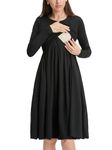 Liu & Qu Women's Maternity Nursing Dress Long Sleeve Round Neck Breastfeeding Clothes with Pockets Pregnancy Dresses, Black, Large