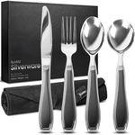 BunMo Weighted Utensils for Tremors and Parkinsons Patients - Heavy Weight Silverware Set of Knife, Fork and Spoon - Adaptive Eating Flatware (4 Pieces)