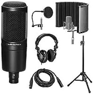 Audio-Technica AT2020 Cardioid Condenser Microphone Bundled with, Reflection Filter, Tripod Mic Stand, Pop Filter, 10' XLR Cable, Studio Headphones, Complete Vocal Recording Setup Kit (6 Items)