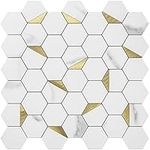 DICOFUN 10-Sheet Hexagon Tile Peel and Stick Backsplash, White Marble Look PVC Mixed Golden Metal Mosaic Tiles for Kitchen and Bathroom