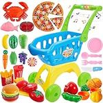 BUYGER 31 Pcs Play Food Set for Children Cutting Fruit and Vegetables Toy for 3 Year Old Boy Girl, Shopping Trolley with Light and Music