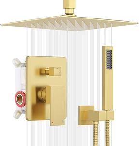 ESNBIA Shower Head System Gold, All Metal Ceiling Shower Faucet Set with Pressure Balance Valve Kit, 10 Inches Rain Head with Handheld Spray, Brushed Gold