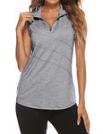 Tanst Sky Tennis Shirts for Women Loose Fit, Women's Golf Tank Tops Ladies Sleeveless V Neck Collared Zipper Activewear Sun Protection Stretchable Running Workout Bowling Hiking Clothes Grey X-Large