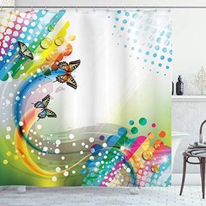 Colorful Home Decor Shower Curtain by, Trippy Flying Butterflies with Color Comet Bubbles Creative Fantasy Design, Fabric Bathroom Decor Set with Hooks, 70 Inches, Multi