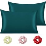 Cloth Fusion Satin Pillow Cover Set Of 2 For Hair And Skin With 3 Soft Scrunchies Women, Cases Envelope Closure End (17X27 Inches, Peacock Greensolid, 400 Tc)