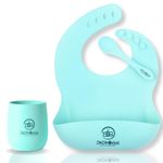 ZoZoBaa Silicone Baby Drinking Cup, Baby Bib & Spoon| Multipurpose Easy Grip Tiny Cups for Infant’s First Stage Training | Bpa-Free, Unbreakable, Feeding Set for Toddlers Pack of 3 (Green)