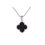 Sterling Silver Four-Leaf Clover and Black/Red Agate Pendant Necklace (White Gold)