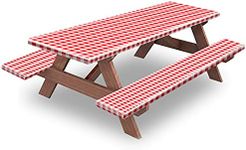 KENOBEE 6ft Picnic Table and Bench Fitted Cover, 72" Flannel Backing Elastic Edge Waterproof Wipeable Plastic Cover Fitted Vinyl Tablecloth for Home Goods Indoor Outdoor Patio, Red-White Checkered