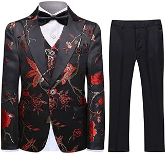 SWOTGdoby Boys Gold Paisley Floral Suit Tuxedo Slim Fit Embroidery 3 Pieces Suit Set Blazer Vest Pants