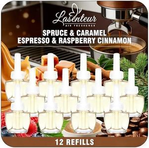 Plug In Air Freshener Refills – Spruce, Caramel, Espresso & Raspberry Cinnamon Scents – Adjustable Fragrance for Home & Bathrooms, 12 Pack – Compatible with Air Wick & Glade, Not Include Glade Plus