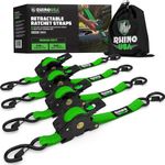 Rhino USA Retractable Ratchet Tie Down Straps (4PK) - 540kg Guaranteed Max Break Strength, Includes (4) Ultimate 2.5 cm x 3 m Autoretract Tie Downs with Padded Handles - Green