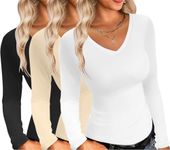 Ekouaer Womens 3 Pack Long Sleeve Shirts V Neck Slim Fit Lightweight Layering Tops 2024 Fall Basic Clothes Thermal Undershirts Black/White/Beige S