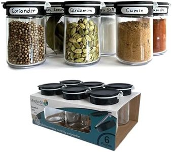 MophediA | SmartLid Spice Jars 6 Pack 200ml 6.7oz, Glass Jars, Versatile Dual Opening Lid, sprinkle, pour or scoop, Black Lids, Stackable, Labels included