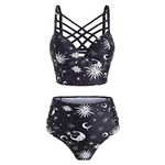 JMSUN Women's Bikini Summer Bathing Suit Sun Star Moon Lattice High Waisted Tankini Swimsuit, Black, Medium