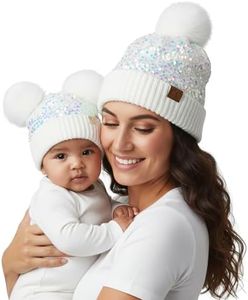 Funky Junque Mommy & Me Double Pom Beanies – Mama & Baby Mini Matching Winter Outfits, Mom & Newborn Infant Baby Girl Beanie Hat Set (2 Pack) - Sequin - White